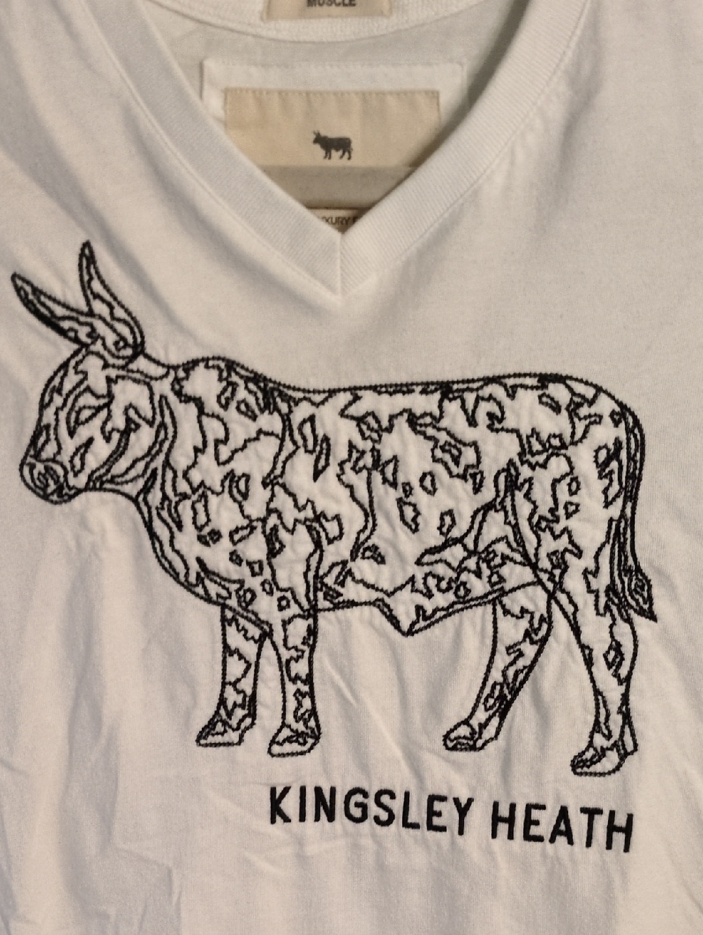 Men's White V-Neck Short Sleeve Tee with Embroidered Cow